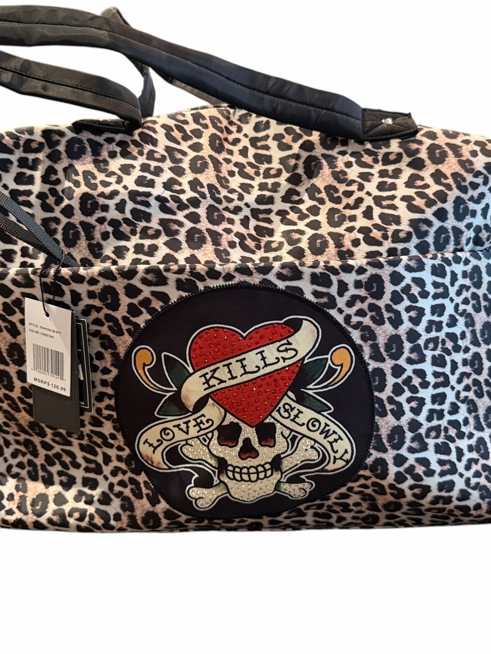 Ed Hardy Leopard Print weekender duffle Bag with 'Love Kills Slowly' Patch